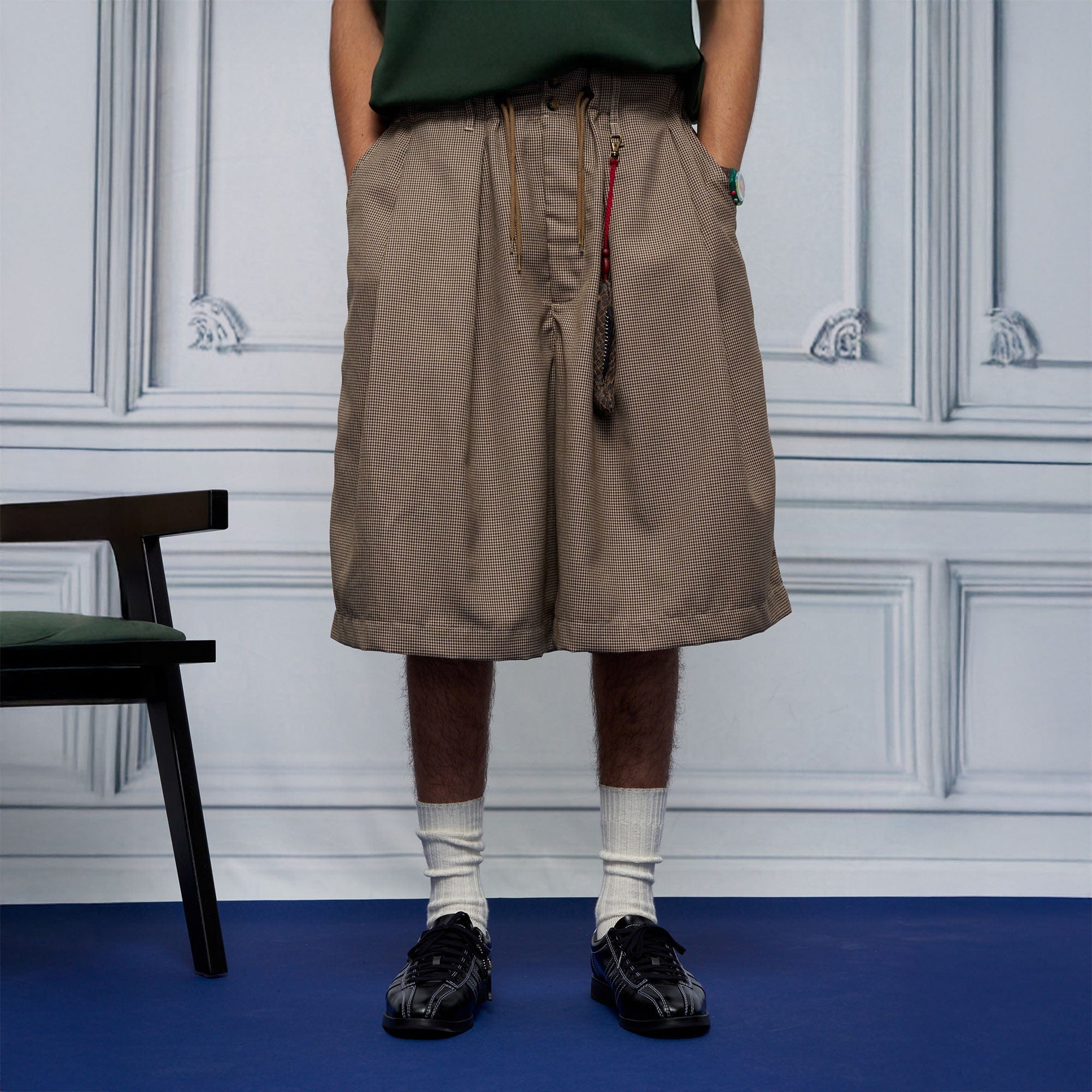 UNLIMITED MOTE Pleated Wide-Leg Drawstring Shorts Houndstooth-Shorts-S-Free Shipping Leatheretro