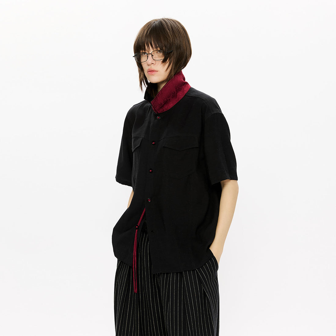 KREATE Contrast Collar Linen Half Shirt-Half shirt-S-Black-Free Shipping Leatheretro
