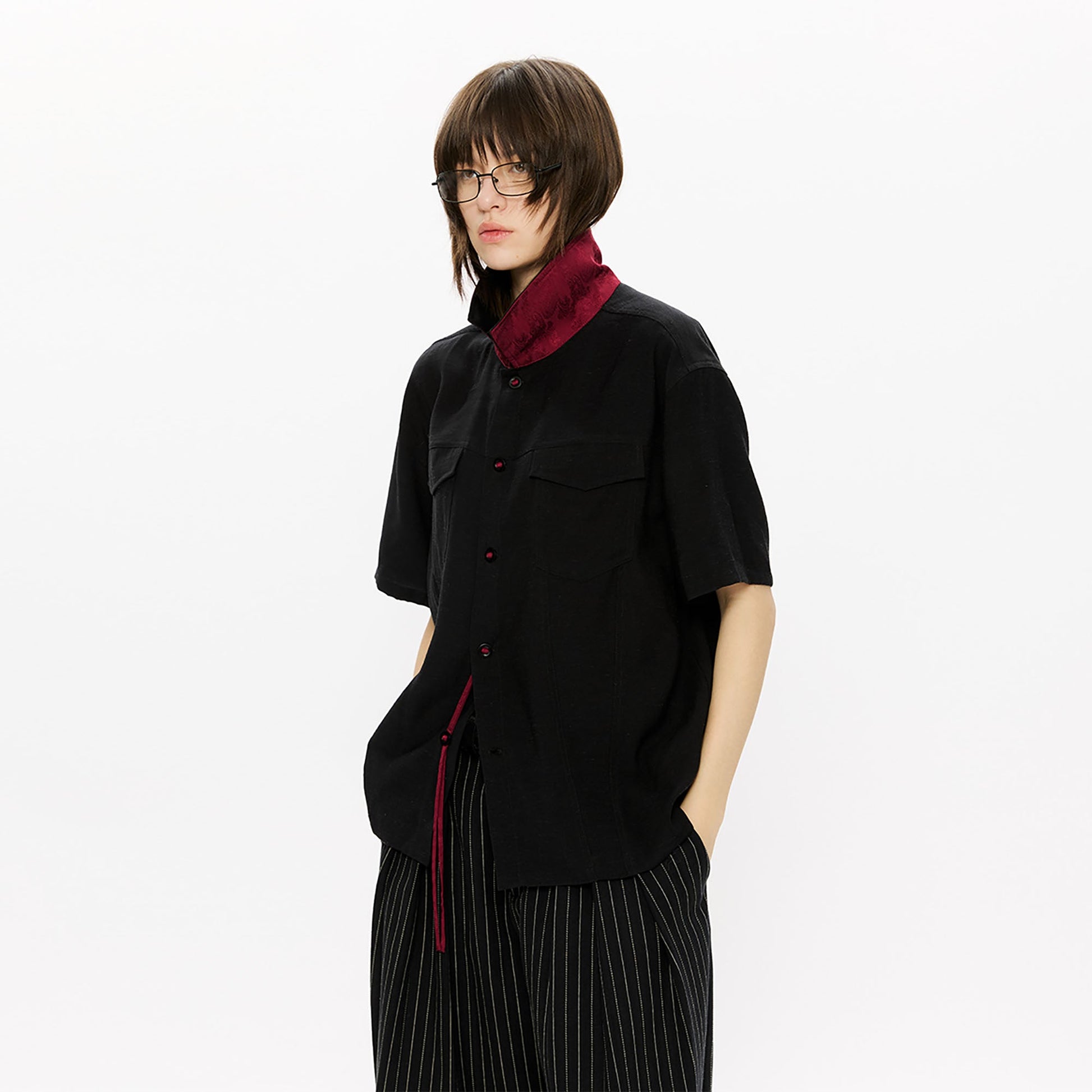 KREATE Contrast Collar Linen Half Shirt-Half shirt-S-Black-Free Shipping Leatheretro