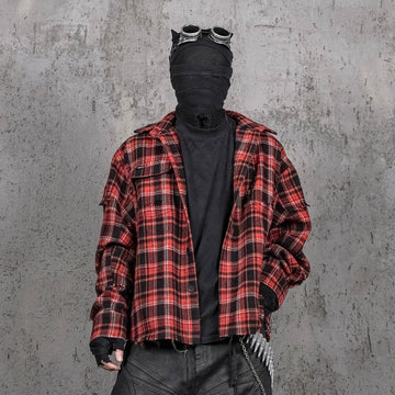 UNDERWATER Crimson Ruin Distressed Plaid Shirt Jacket-T Shirt-S-Free Shipping Leatheretro