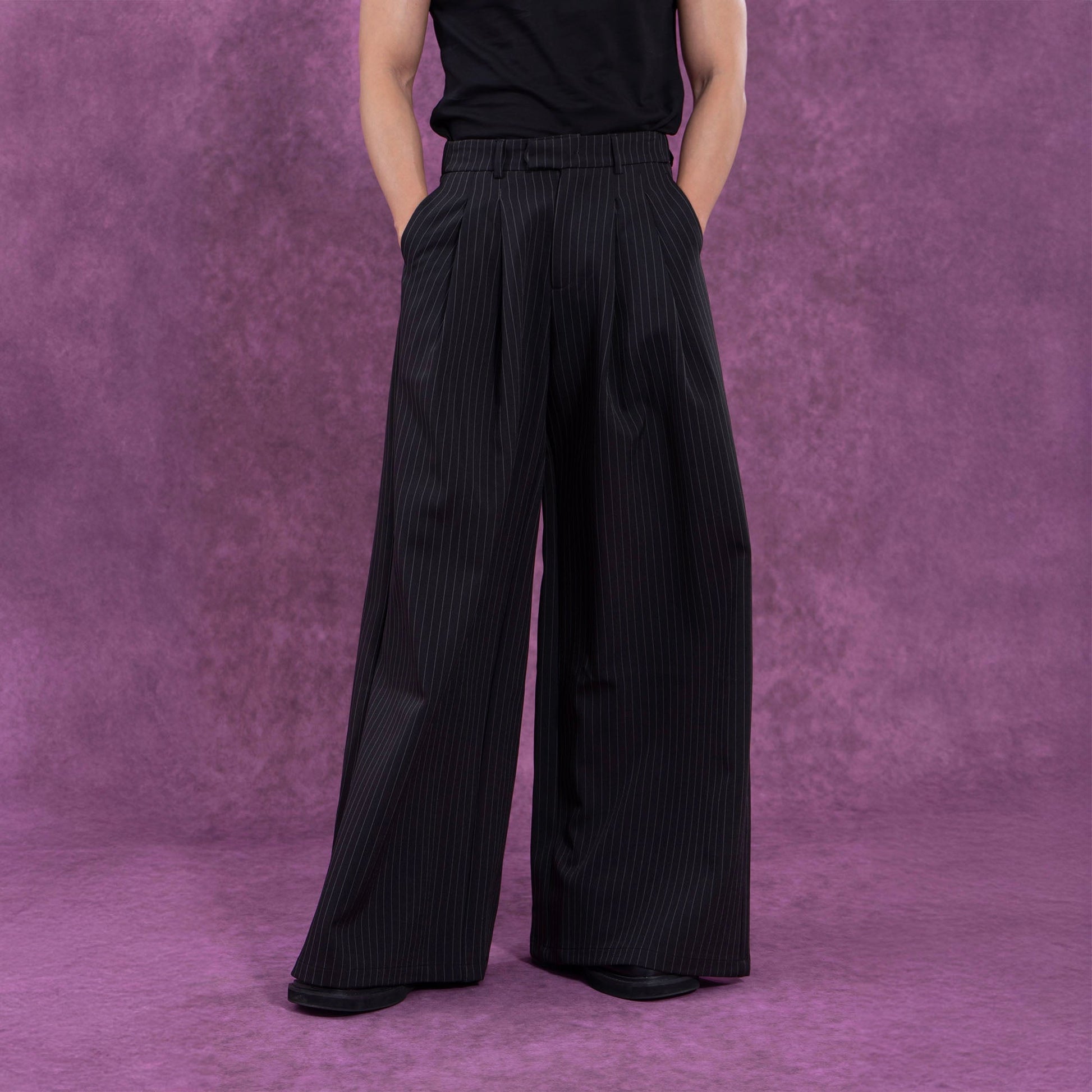 CLP Striped Pleated Wide-Leg Trousers-Pants-S-Free Shipping Leatheretro