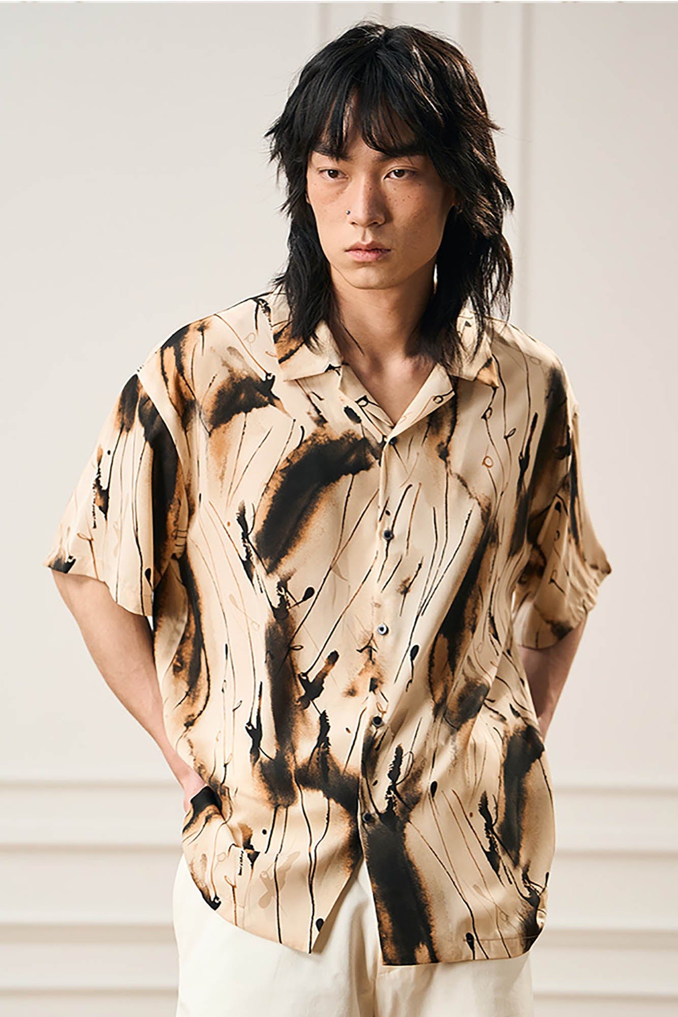 EPIC POETRY Ink Splash Cuban Half Shirt Brown-Half shirt-S-Free Shipping Leatheretro