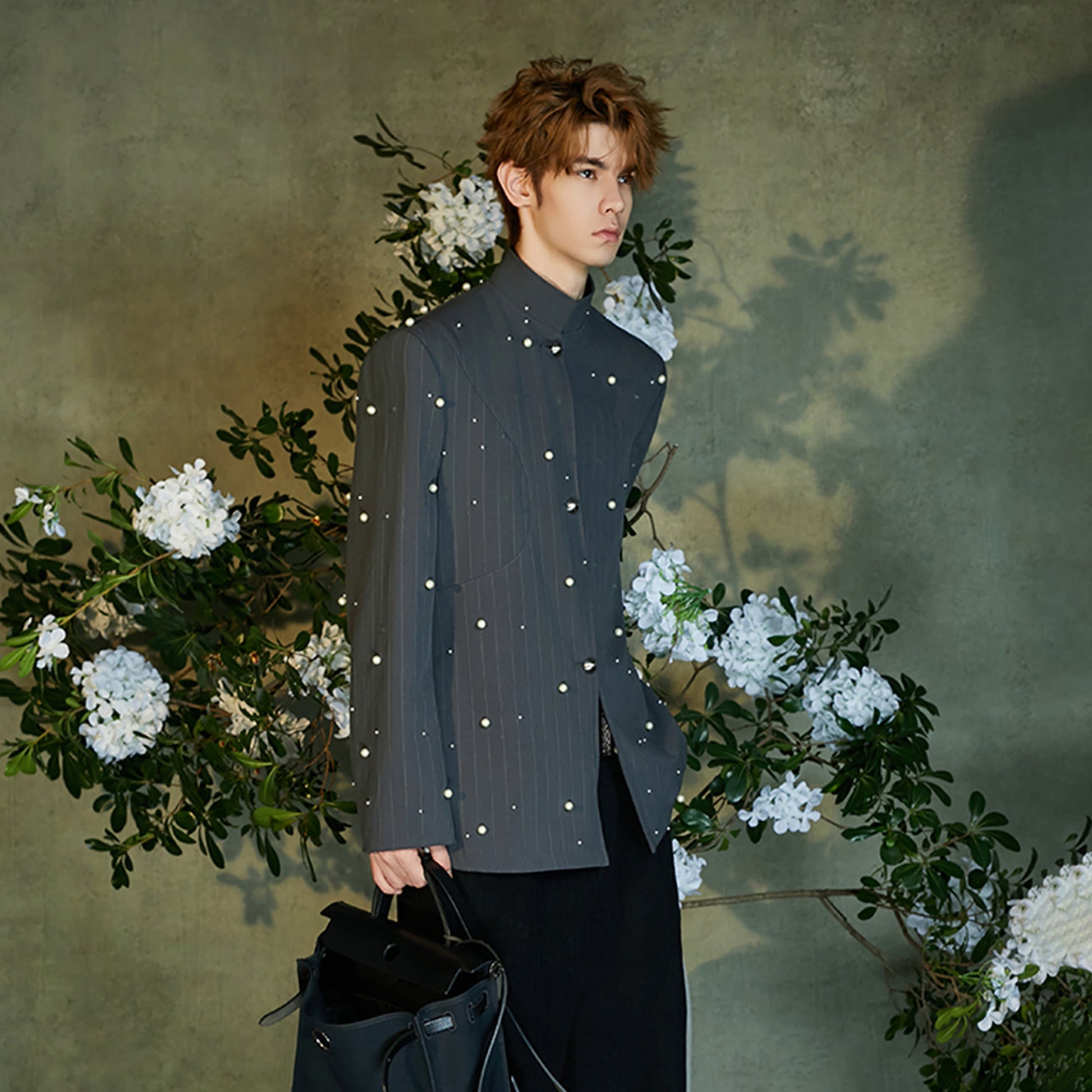 JIECHI Pearl Embellished Stripe Mandarin Shirt-Shirt-M (Preorder)-Free Shipping Leatheretro