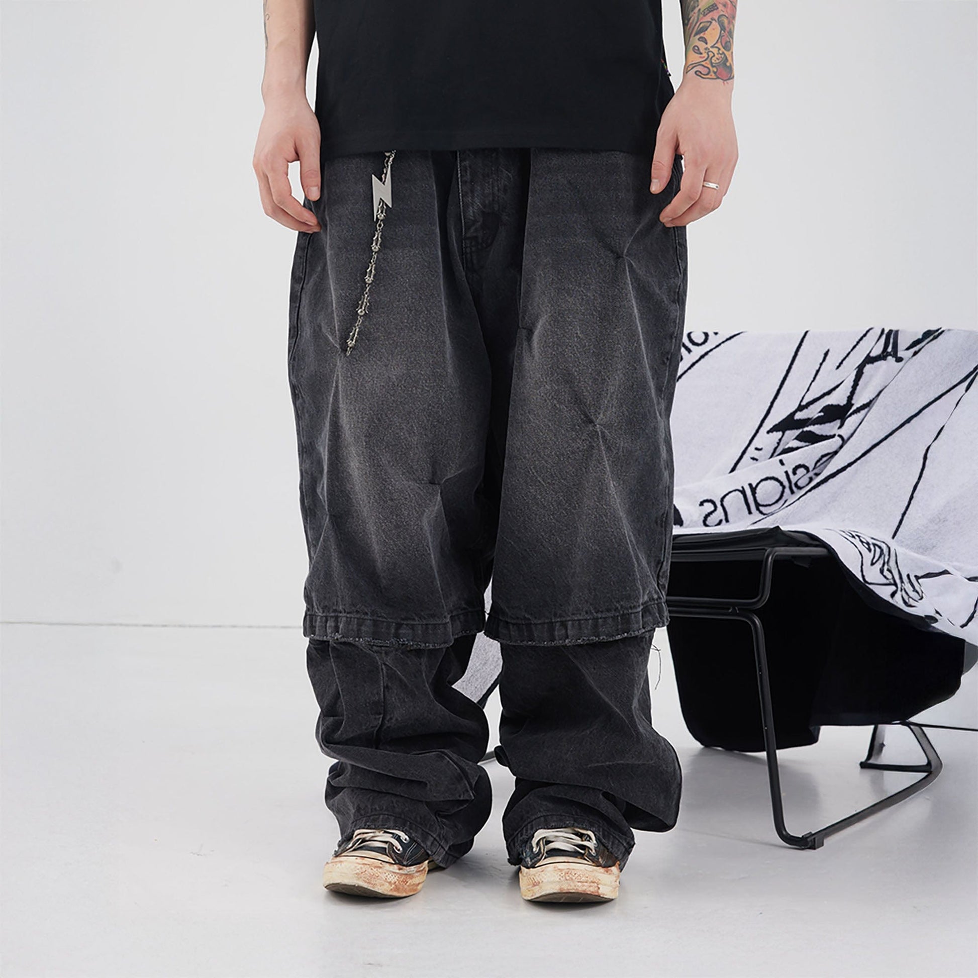 BLACK8MOB Distressed Crinkled Detachable Baggy Jeans-Jeans-S-Free Shipping Leatheretro