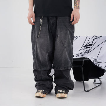 BLACK8MOB Distressed Crinkled Detachable Baggy Jeans-Jeans-S-Free Shipping Leatheretro