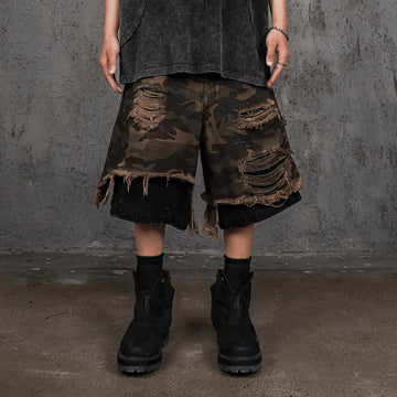 UNDERWATER Double-Layered Ripped Black Shorts Camo-Shorts-S-Free Shipping Leatheretro