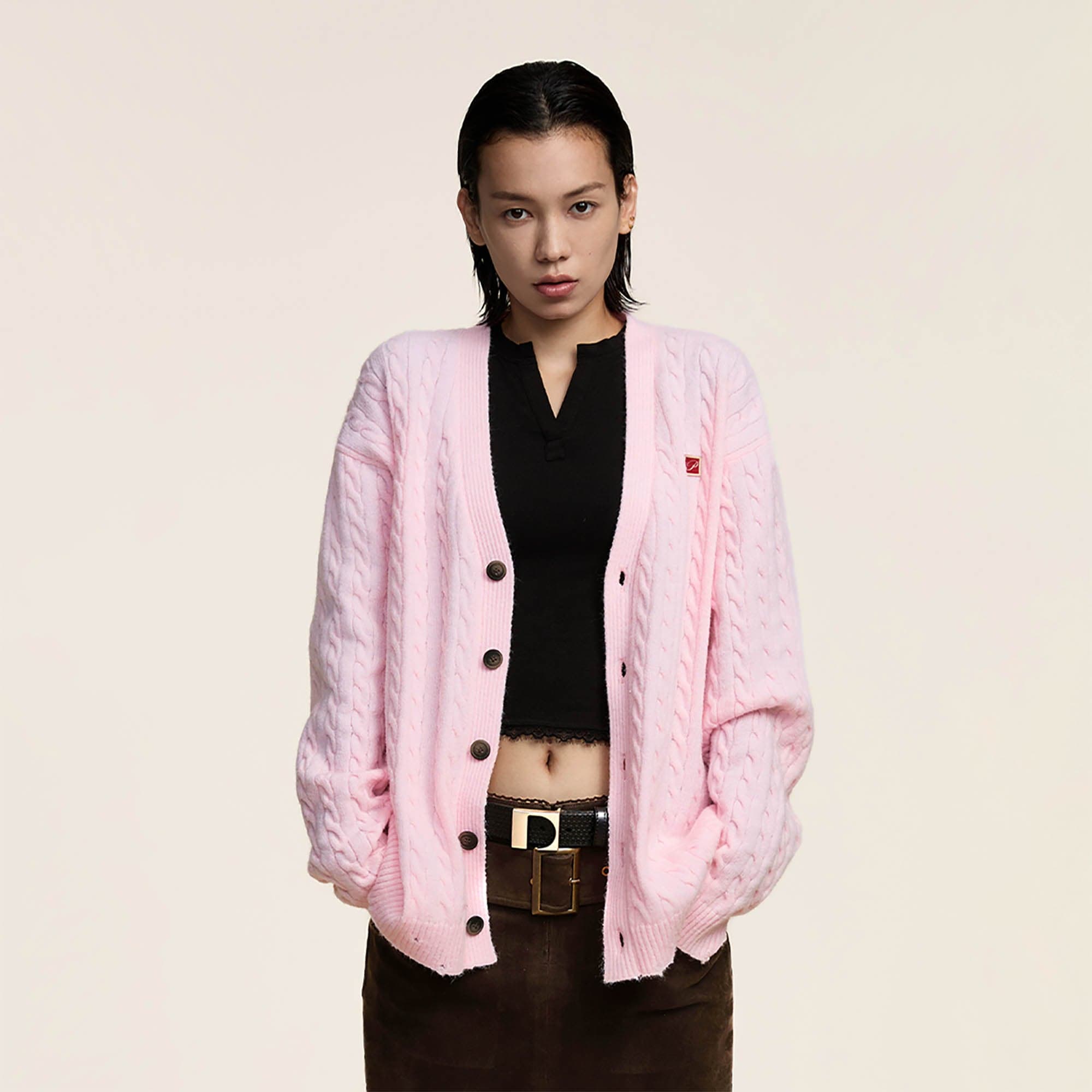 OPICLOTH Cable-Knit V-Neck Button-Up Cardigan-Jacket-XS-Pink-Free Shipping Leatheretro