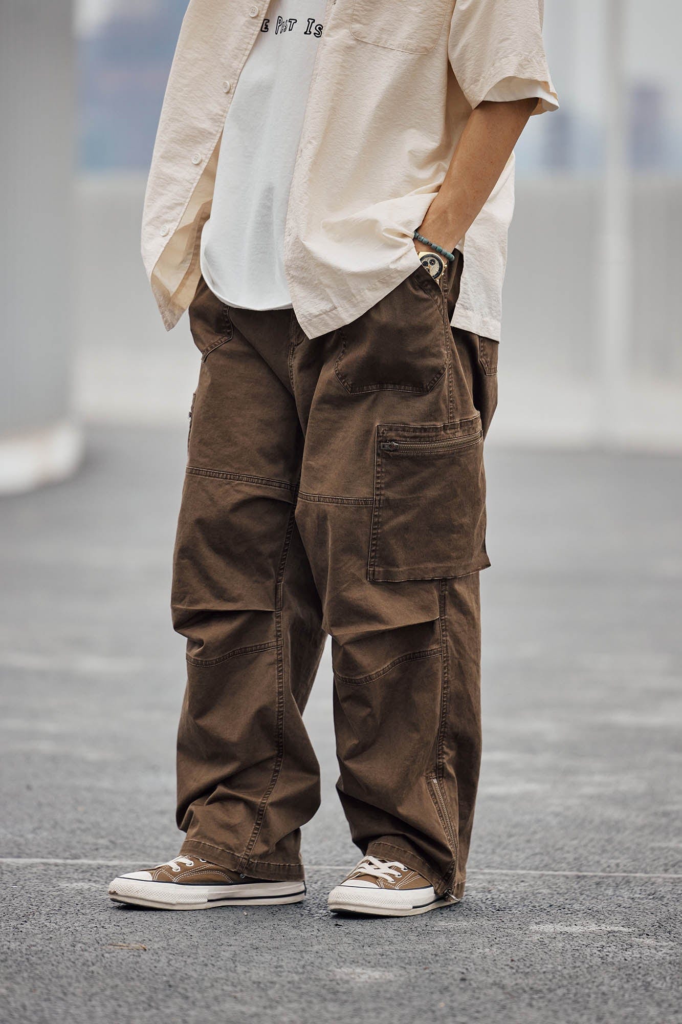 BANANA CLUB Zippered-Hem Multi-Pocket Crinkled Cargo Pants-Pants-S-Brown-Free Shipping Leatheretro