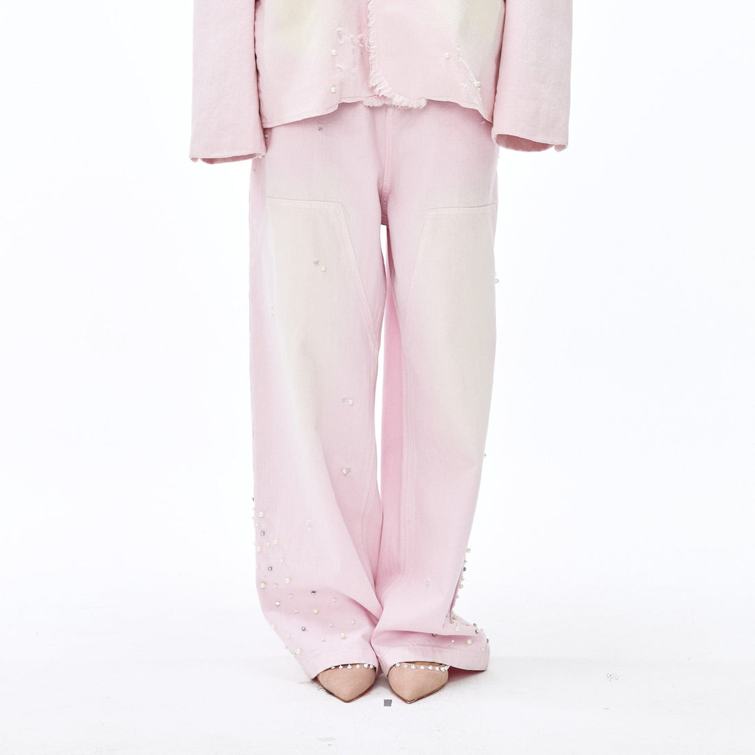 VANN VALRENCE Washed Beaded Double-Knee Trousers-Pants-S-Free Shipping Leatheretro
