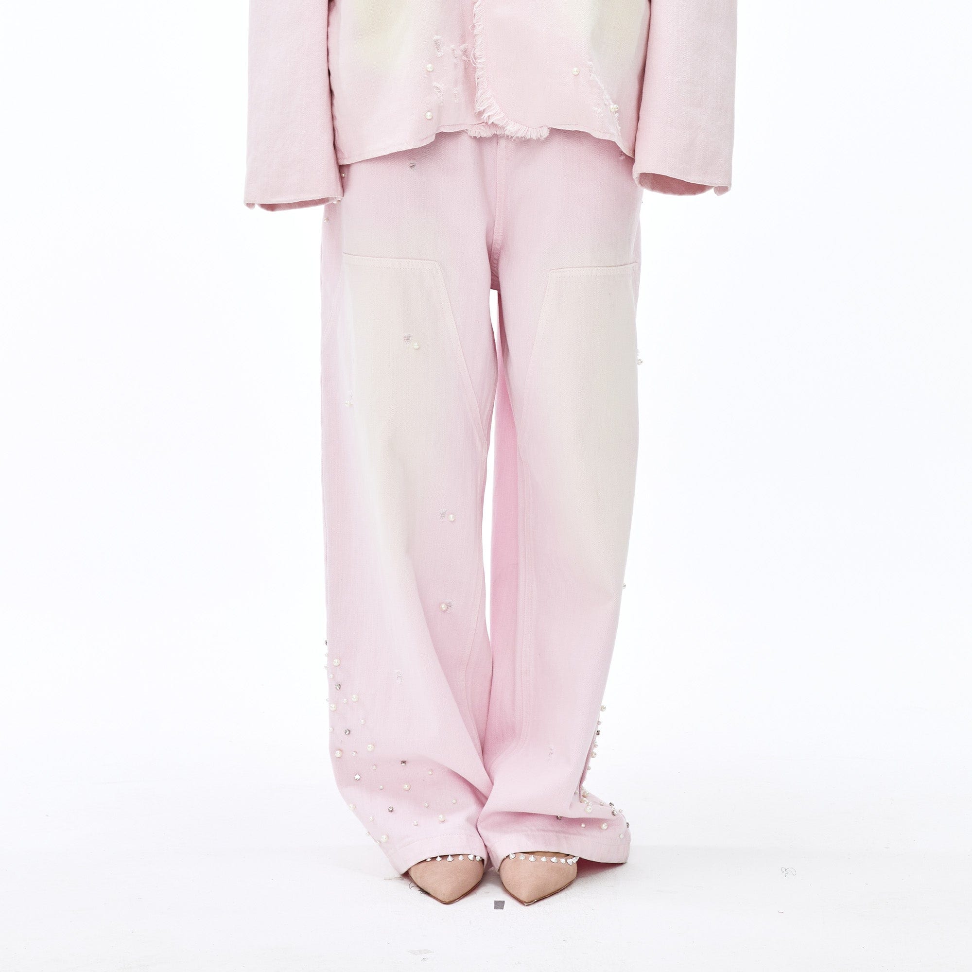 VANN VALRENCE Washed Beaded Double-Knee Trousers-Pants-S-Free Shipping Leatheretro