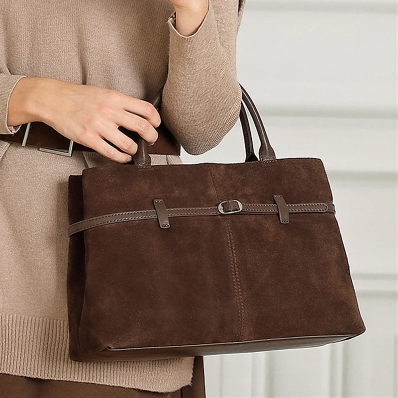Suede Cowhide Genuine Leather Tote Handbags - Women Luxury Crossbody Bag-Handbags-Black-Free Shipping Leatheretro
