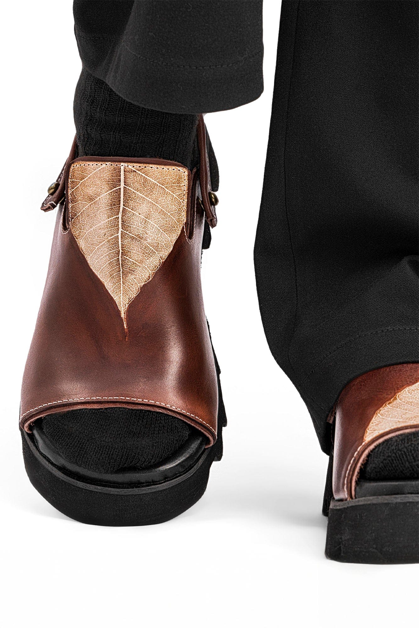 REWRITE Leaf Cowhide Sandals Brown-Shoes-38.5-Free Shipping Leatheretro