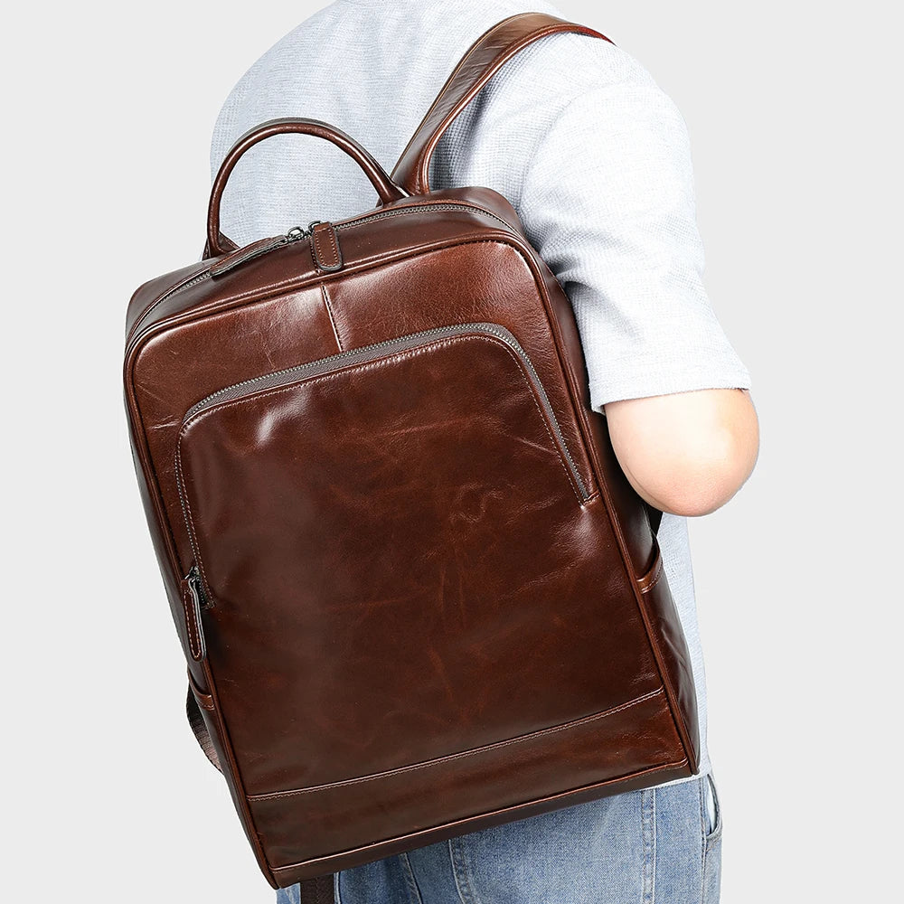 Large Capacity Waterproof Leather Laptop Backpack for Business & Travel-Backpacks-Coffee-Free Shipping Leatheretro