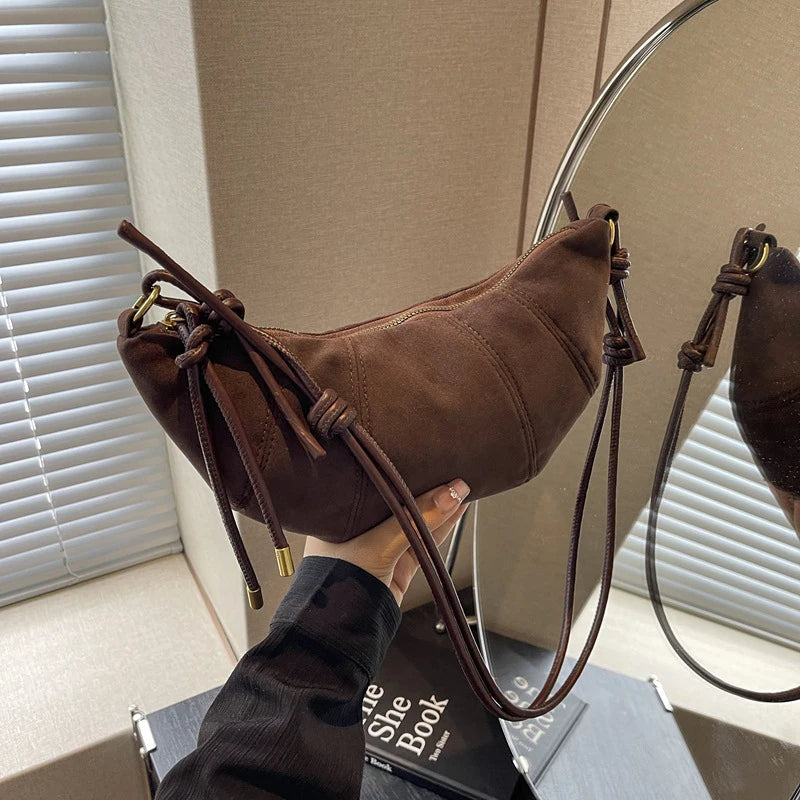 Dumpling-shaped Croissant Shoulder Bag - Texture Versatile Velvet Zipper Handbag-Shoulder Bag-Brown-Free Shipping Leatheretro