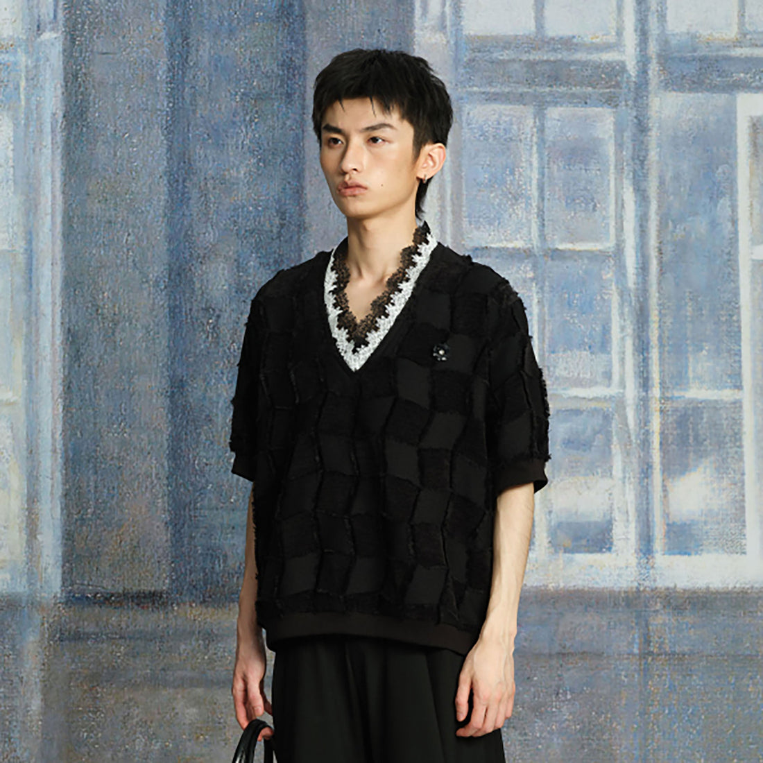 TUIMU Lace-Trim V-Neck Check T-Shirt-T Shirt-S-Free Shipping Leatheretro