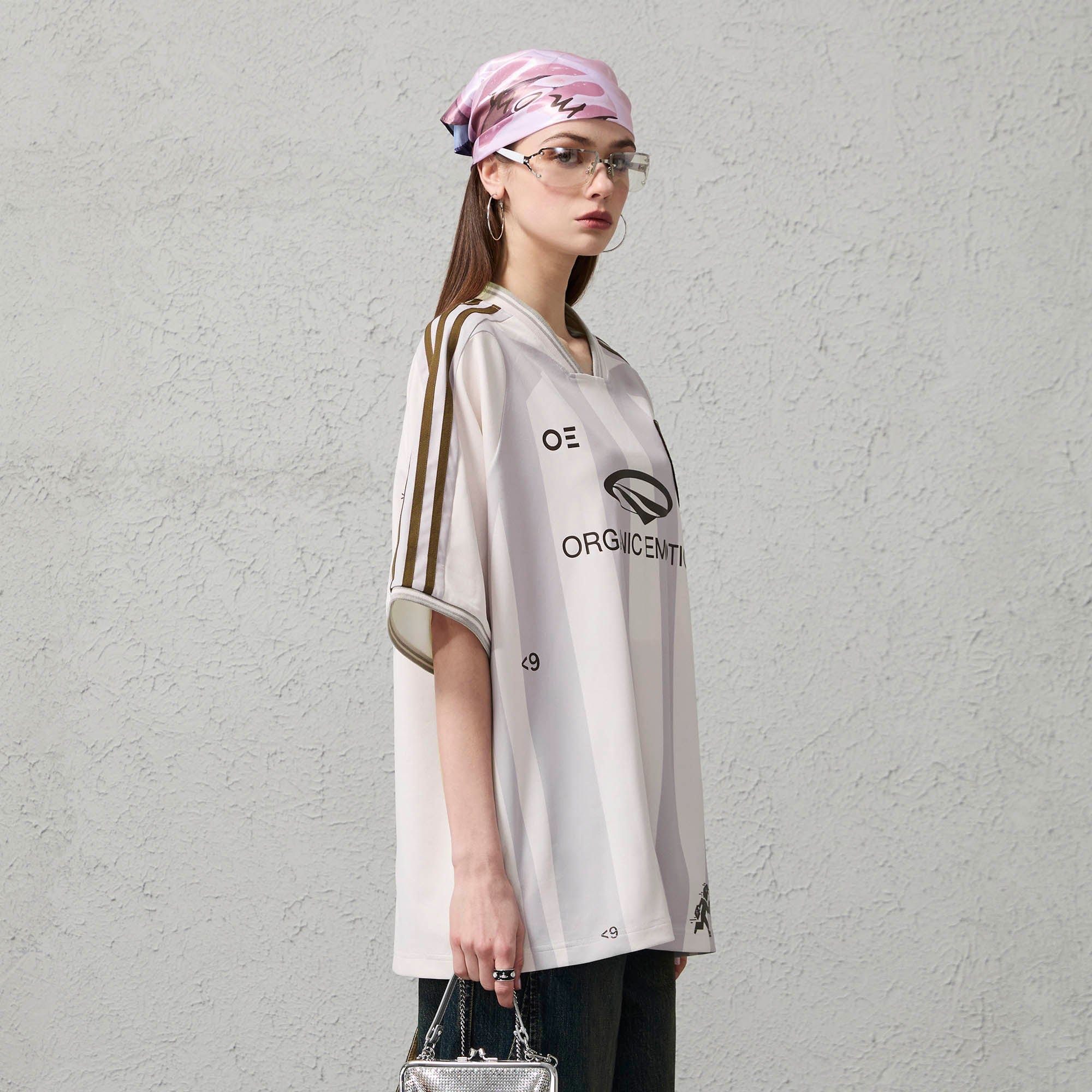 ORGANIC EMOTION Striped Badge Graphics Soccer Jersey-T Shirt-S-Gray-Free Shipping Leatheretro
