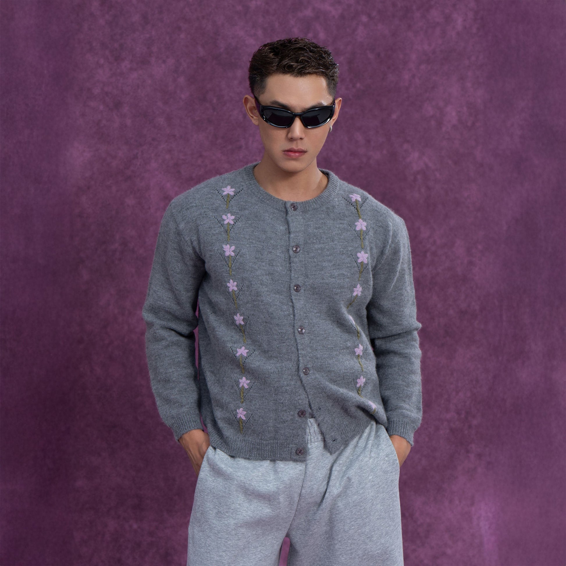 CLP Embroidered Floral Line Wool-Blend Cardigan-Sweater-M-Free Shipping Leatheretro