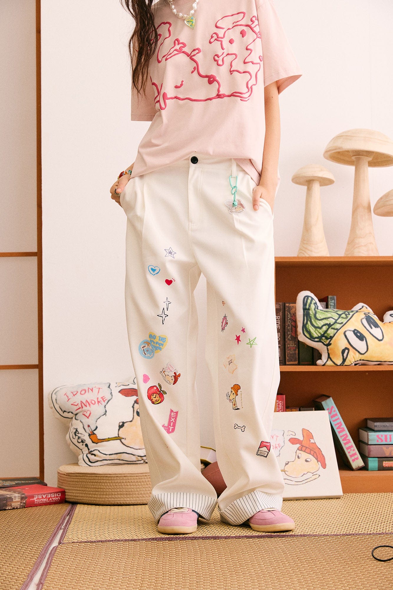 DONSMOKE Puppy Sticker Fold Striped Hem Trousers-Pants-S-Black-Free Shipping Leatheretro