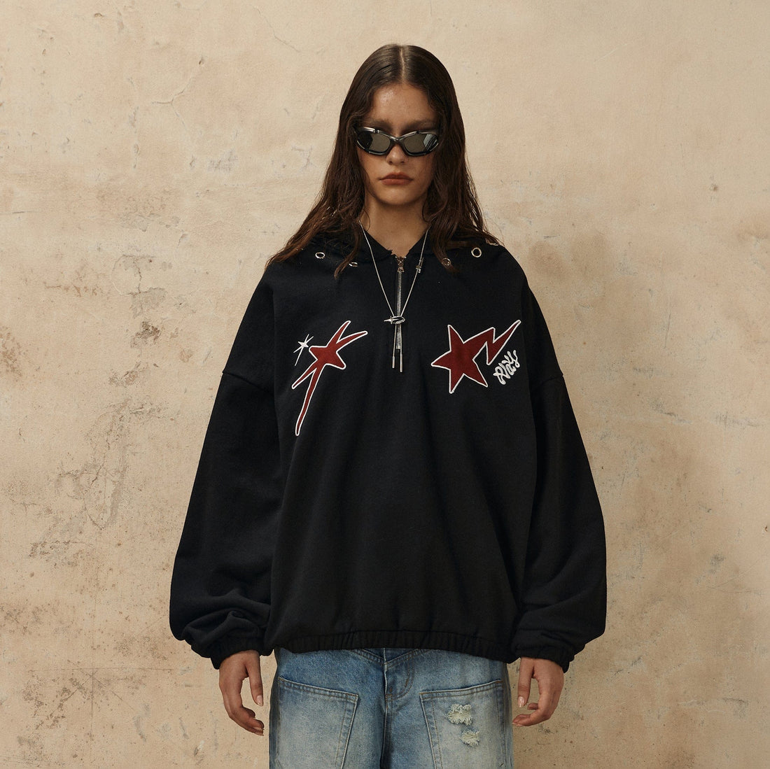 OVDY Star Embroidery Punk Zip-Up Hoodie-Hoodie-S-Black-Free Shipping Leatheretro