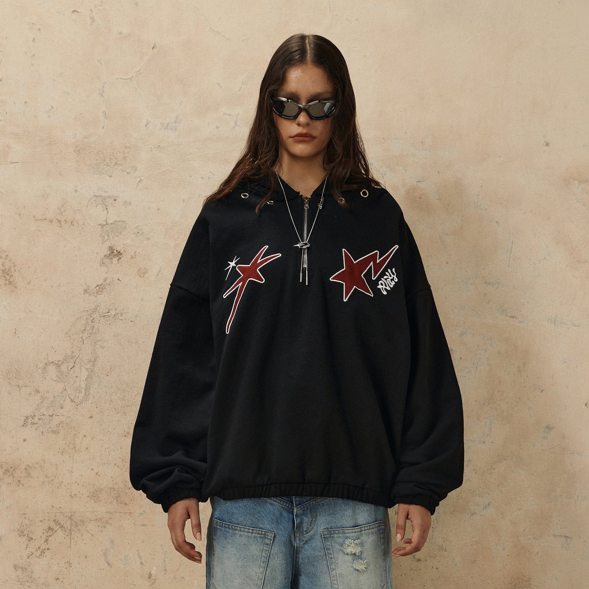 OVDY Star Embroidery Punk Zip-Up Hoodie-Hoodie-S-Black-Free Shipping Leatheretro