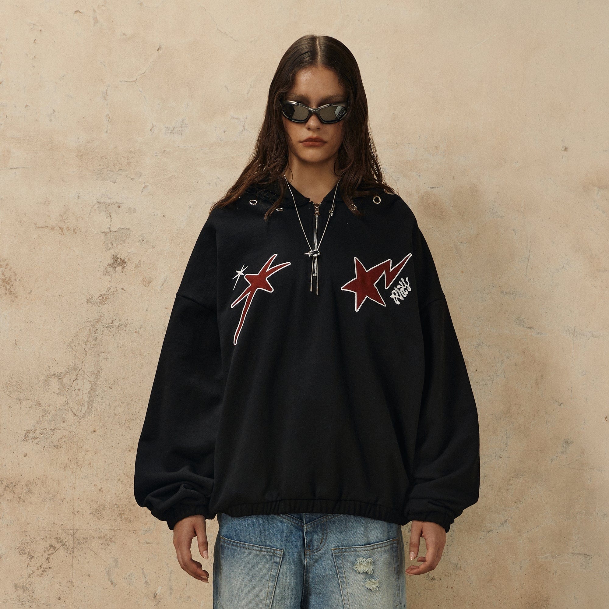 OVDY Star Embroidery Punk Zip-Up Hoodie-Hoodie-S-Black-Free Shipping Leatheretro