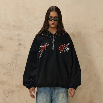 OVDY Star Embroidery Punk Zip-Up Hoodie-Hoodie-S-Black-Free Shipping Leatheretro