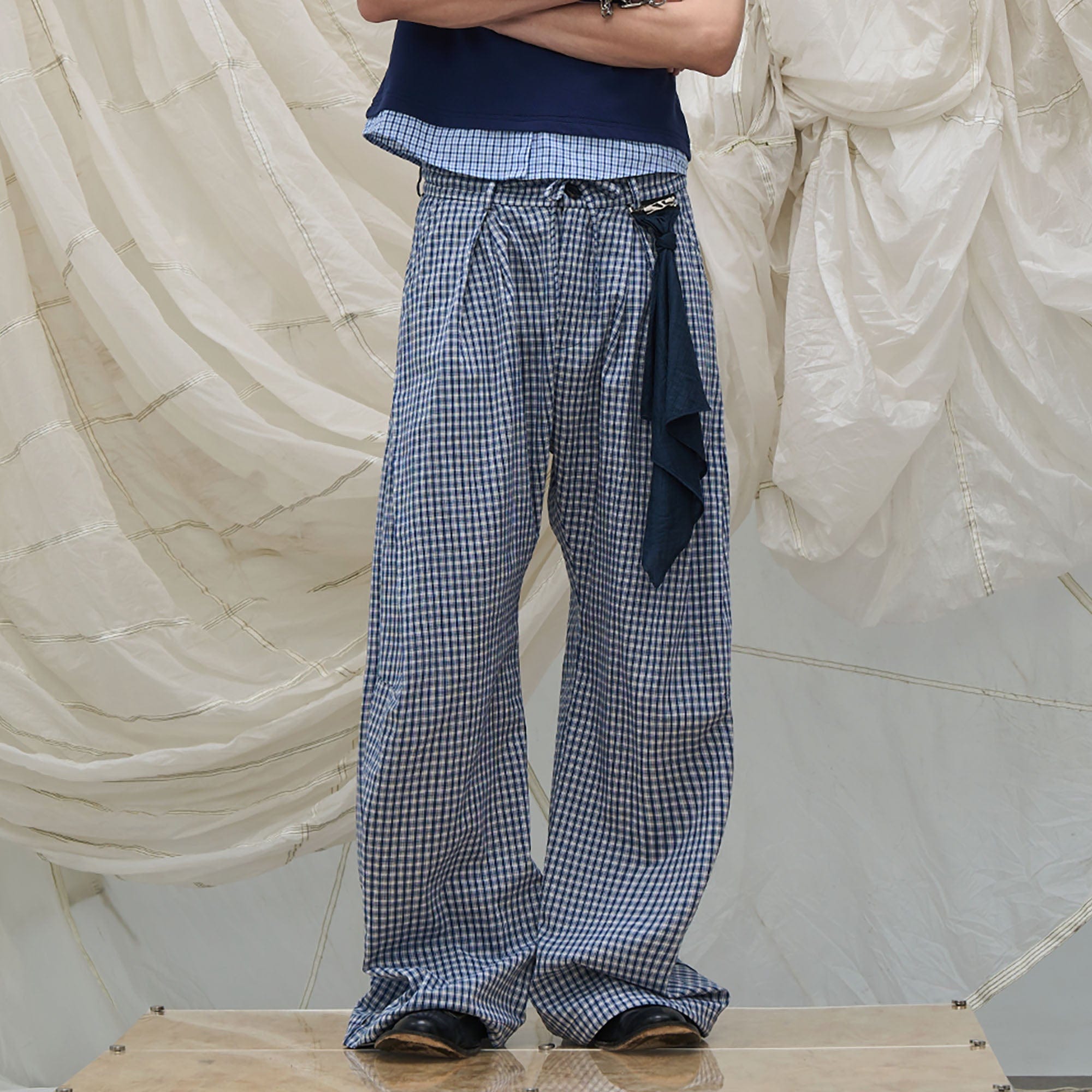 RELABEL Detachable Scarf Grid Pleated Pants-Pants-XS-Free Shipping Leatheretro