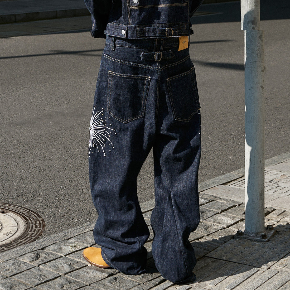 STEEPC Firework Embroidered Rhinestone Curved Raw Jeans-Jeans-S-Free Shipping Leatheretro