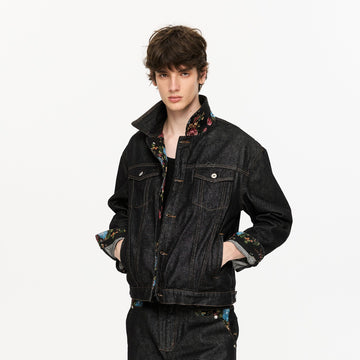 KREATE Floral Lined Stitched Denim Jacket-Jacket-S-Free Shipping Leatheretro