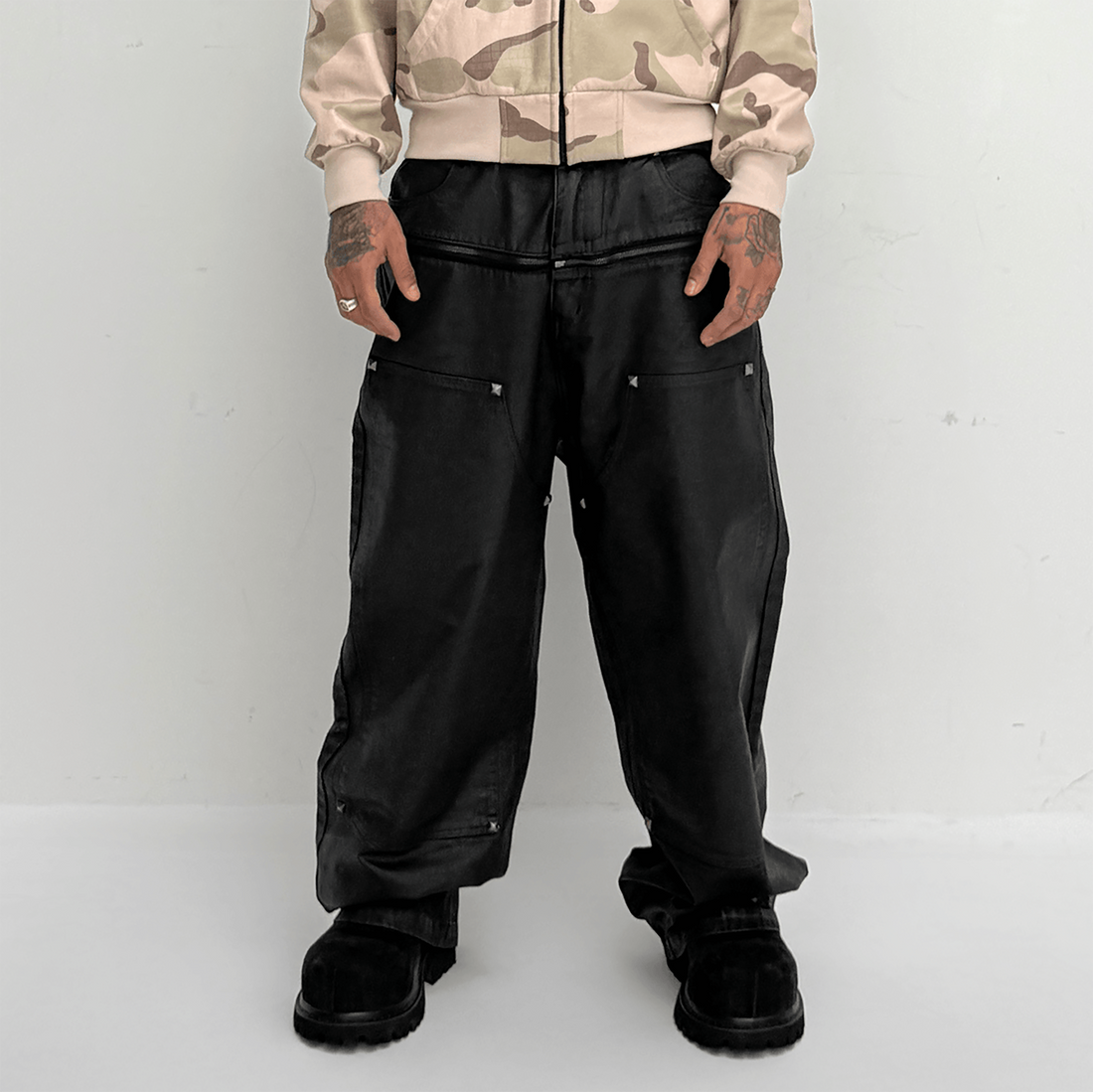 TECNINEGROUP Waxed Double-Knee Diamond Pockets Jeans-Jeans-XS (Preorder)-Free Shipping Leatheretro