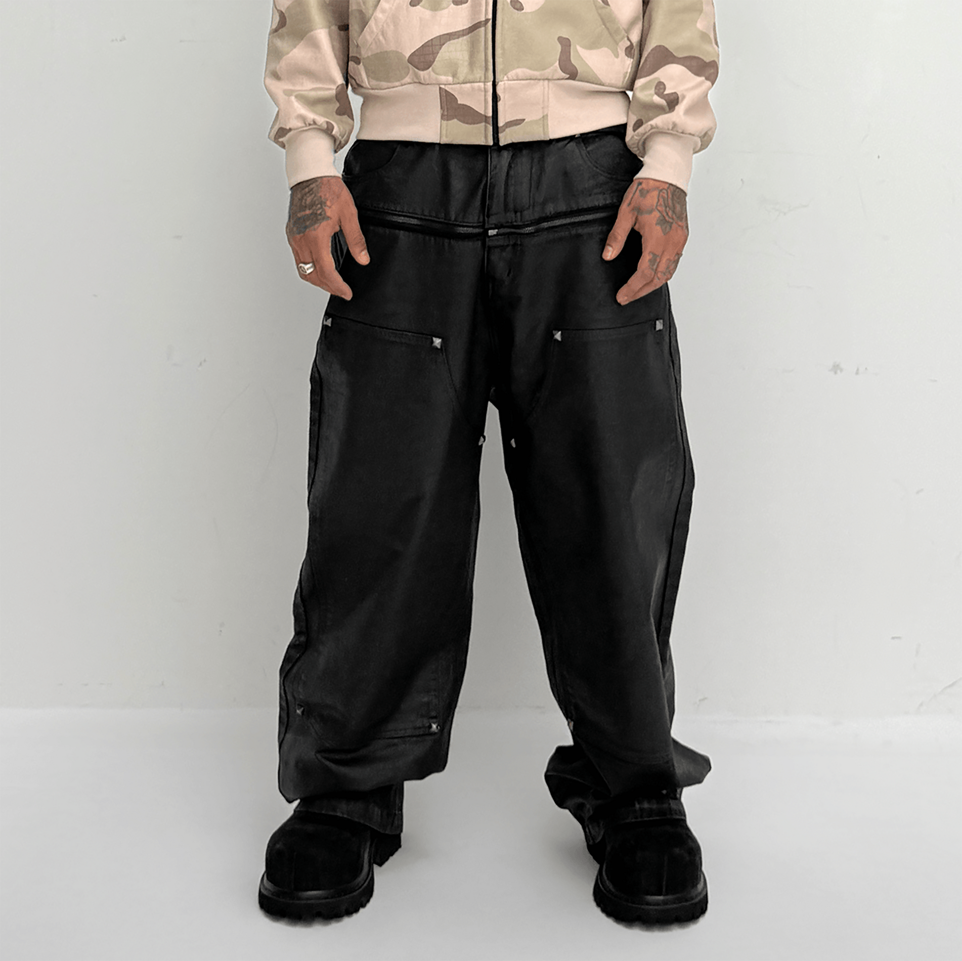 TECNINEGROUP Waxed Double-Knee Diamond Pockets Jeans-Jeans-XS (Preorder)-Free Shipping Leatheretro