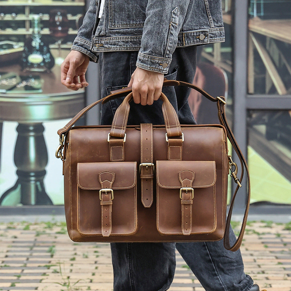 Genuine Leather Business Handbag - Large Storage First Layer Cowhide Bag-Briefcase-Brown-Free Shipping Leatheretro