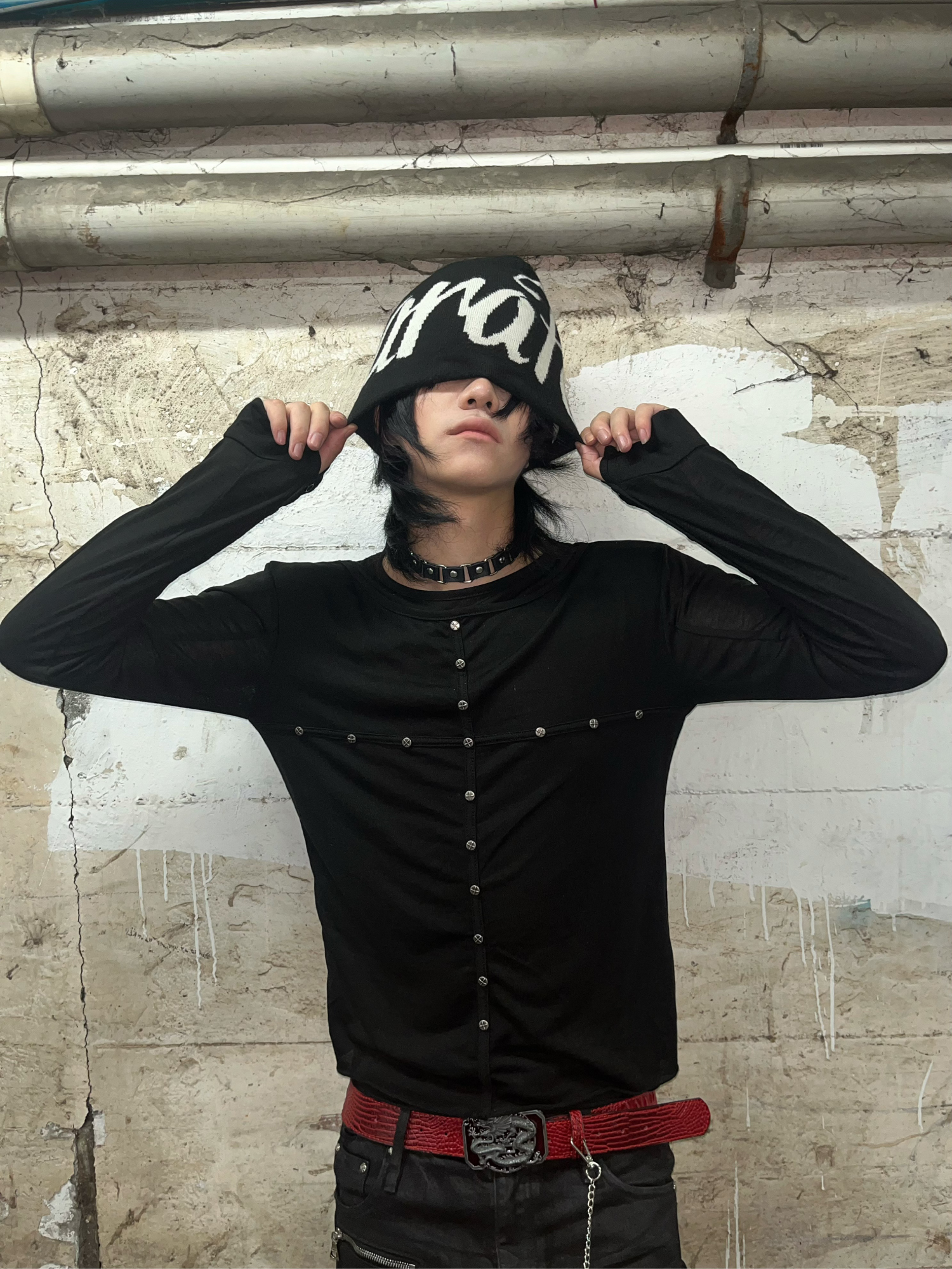 TH4SWE Layered-Collar Studded Henley Long-Sleeve Tee-L/S Tee-S-Free Shipping Leatheretro