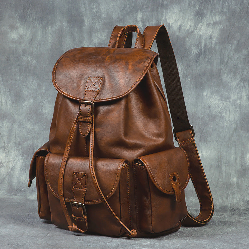 Geometric Pattern Genuine Leather Retro Backpack - Casual Soft Leather Hiking Bag-Backpacks-Black-Free Shipping Leatheretro