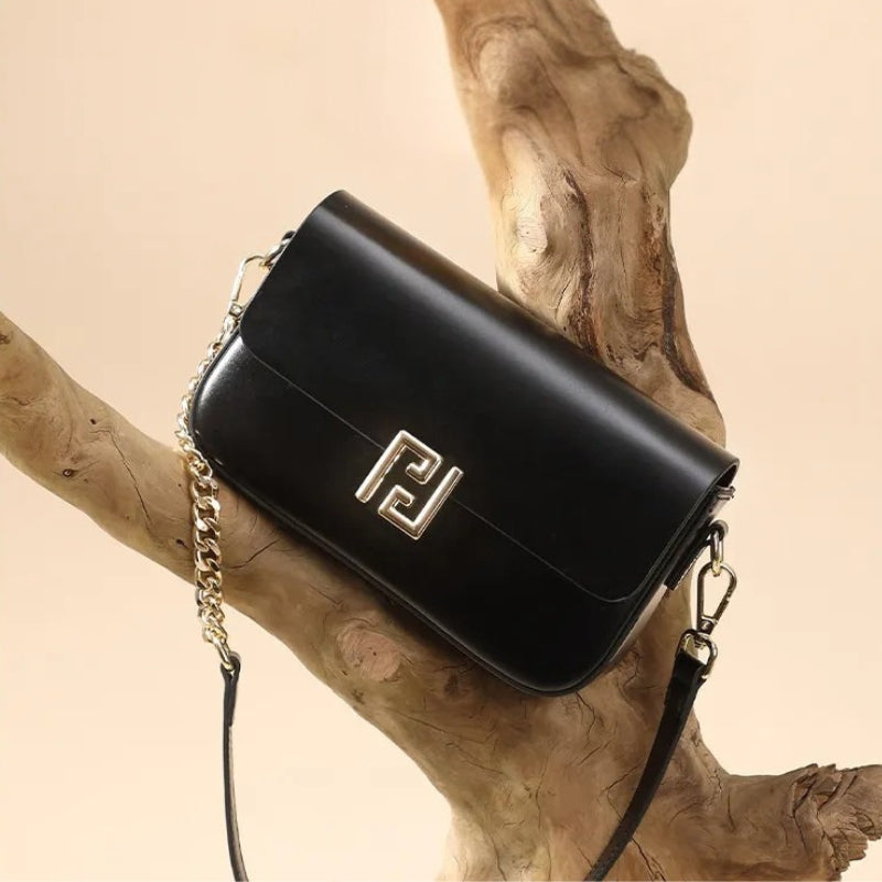 Genuine Leather Chain Flap Shoulder Bag - Cowhide Leather Lock Clasp Purse-Shoulder Bag-Black-Free Shipping Leatheretro
