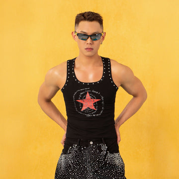 CLP Star Graphic Ribbed Tank Top-Tank Top-S-Black-Free Shipping Leatheretro