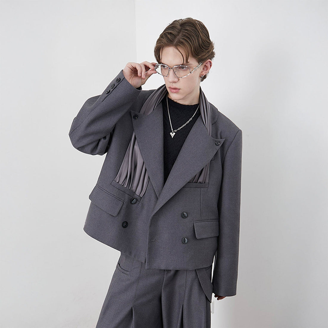 ASSEEN Pleated Panel Double-Breasted Blazer-Jacket-S-Free Shipping Leatheretro