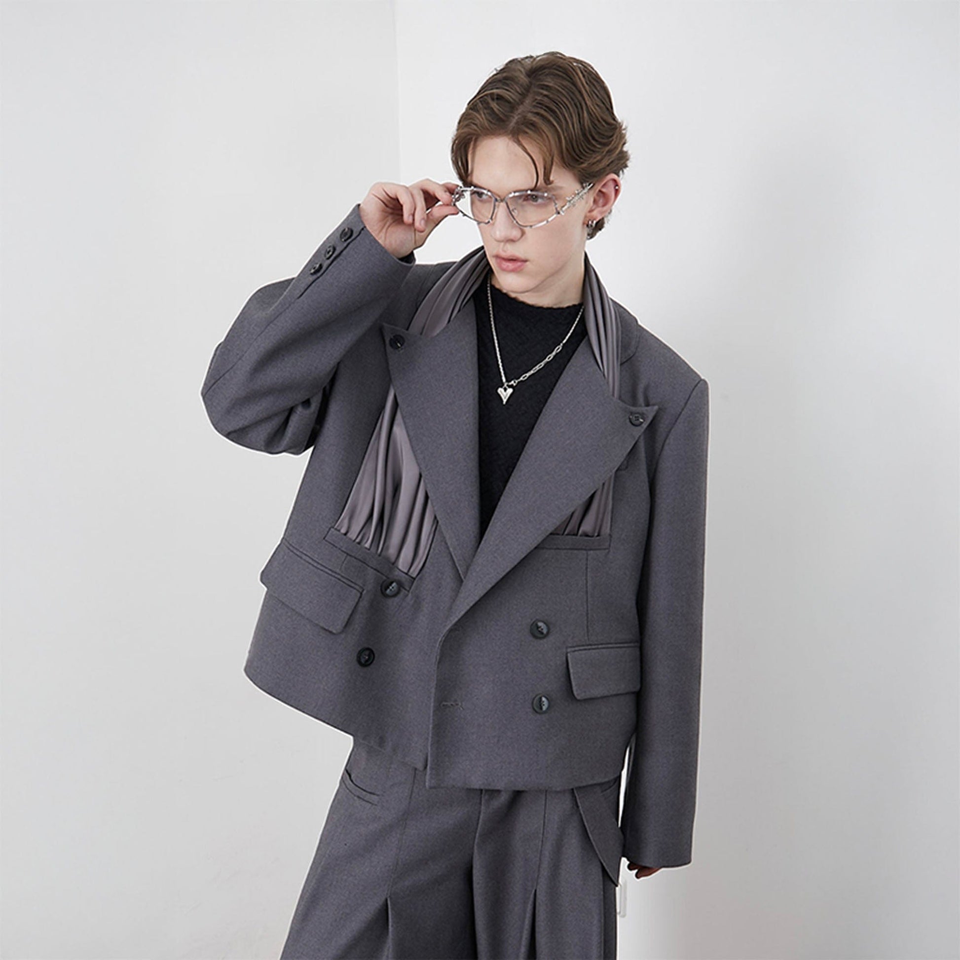 ASSEEN Pleated Panel Double-Breasted Blazer-Jacket-S-Free Shipping Leatheretro