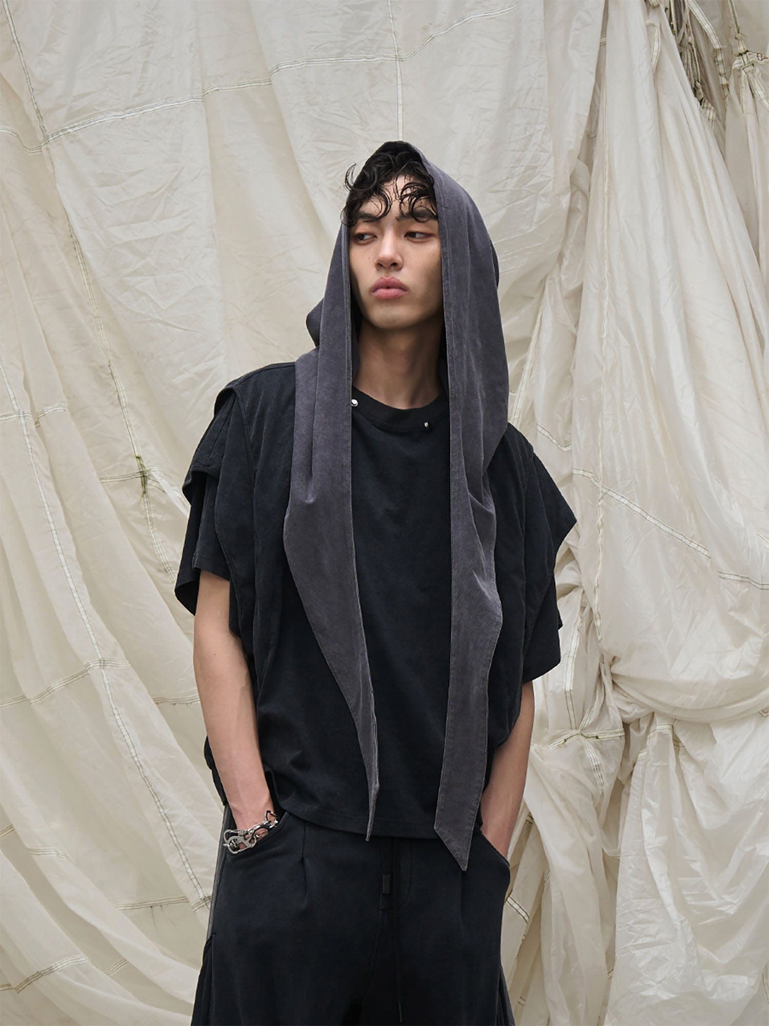 RELABEL Detachable Hood Layered Sleeve T-Shirt-T Shirt-XS-Dark Gray-Free Shipping Leatheretro