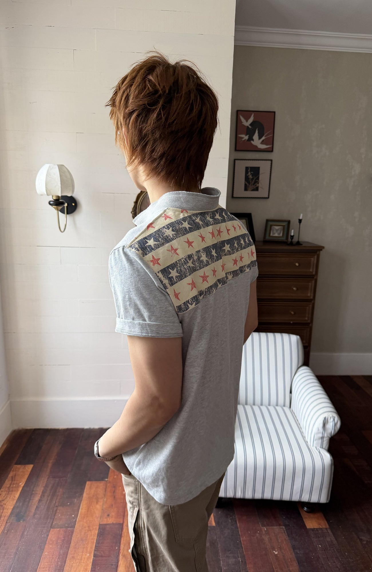 TRECLUB Retro Star Stripe Stand-Collar Polo T-Shirt-T Shirt-S (preorder)-Free Shipping Leatheretro