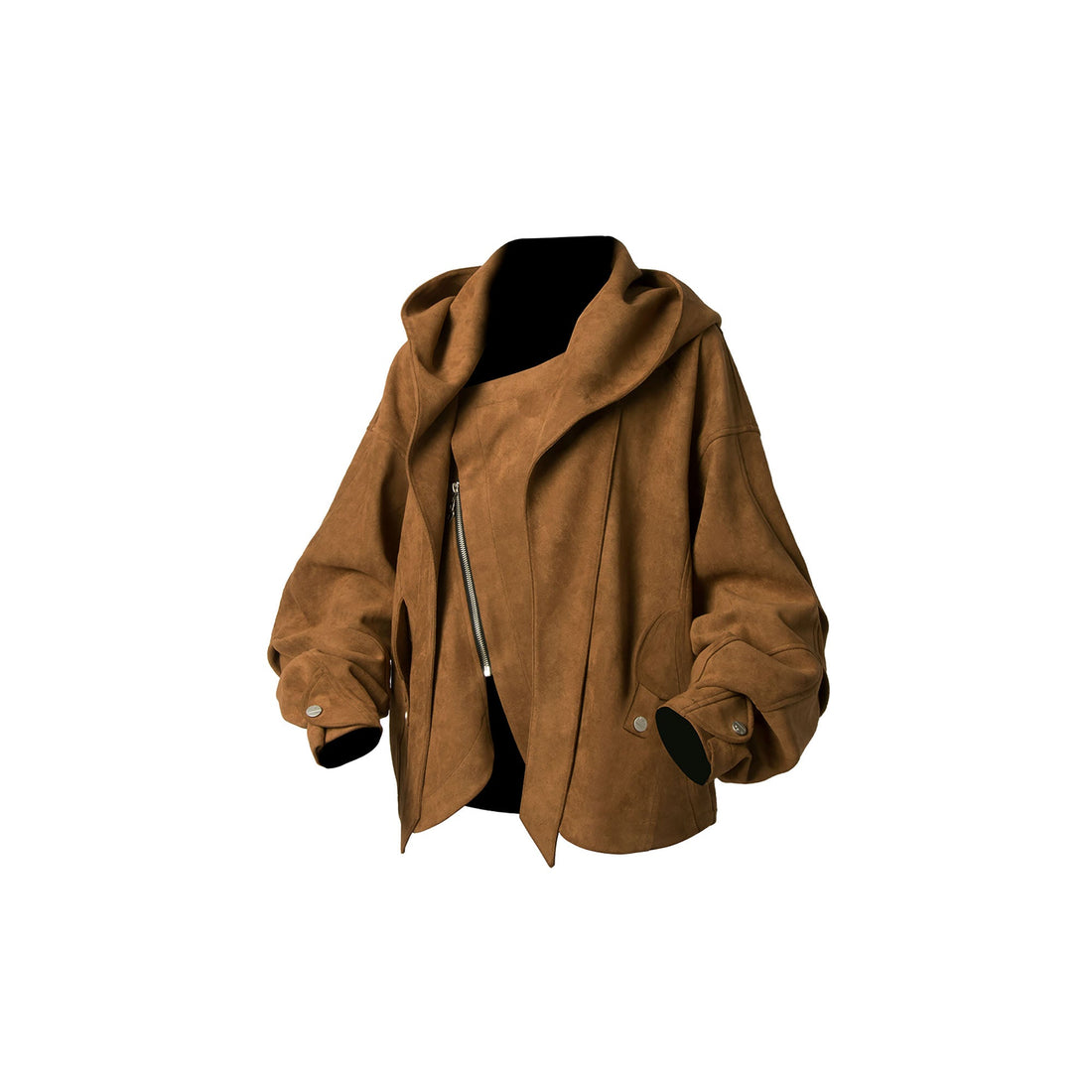RELABEL Asymmetrical-Zip Detachable-Hood Suede Jacket Brown-Jacket-XS (Preorder)-Free Shipping Leatheretro