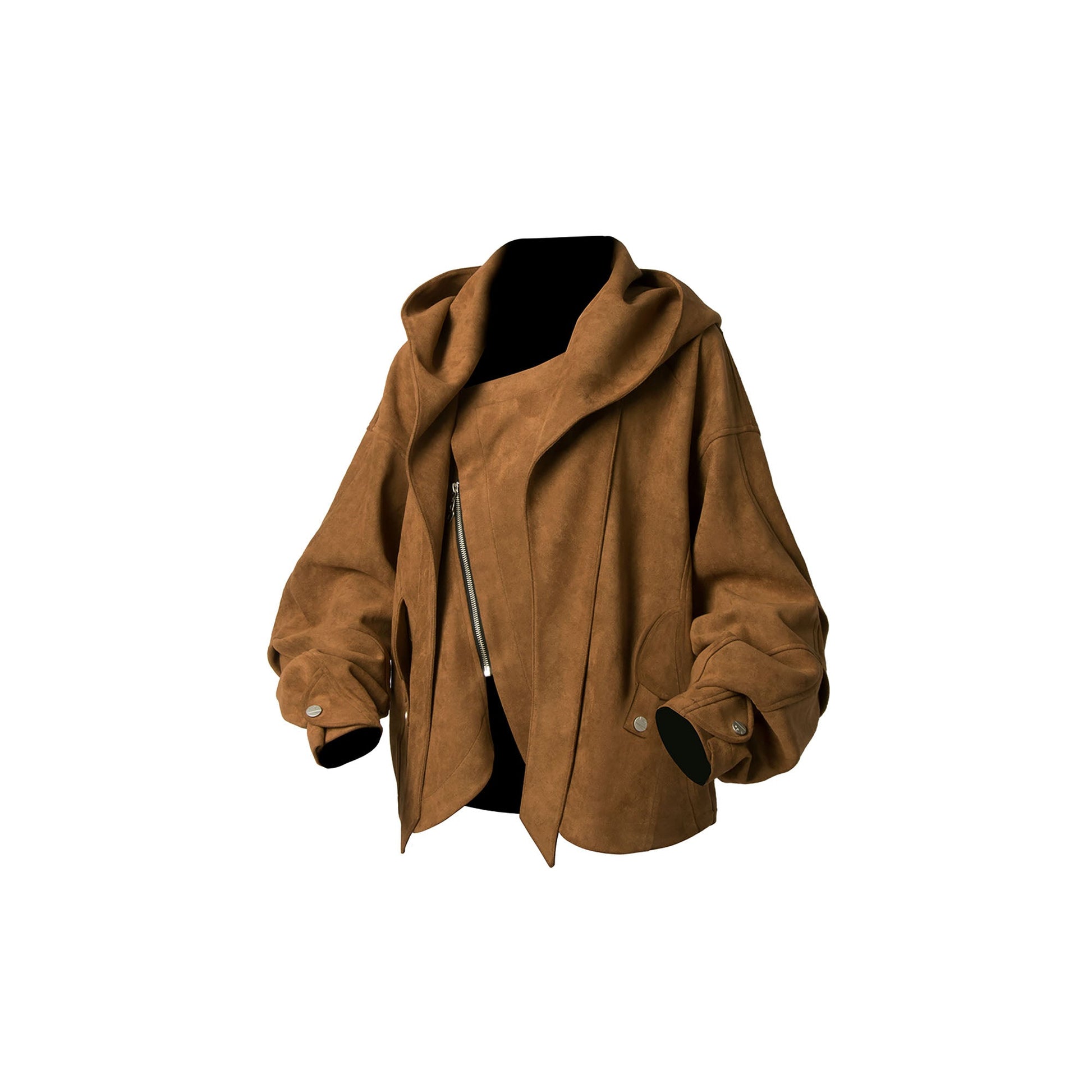 RELABEL Asymmetrical-Zip Detachable-Hood Suede Jacket Brown-Jacket-XS (Preorder)-Free Shipping Leatheretro