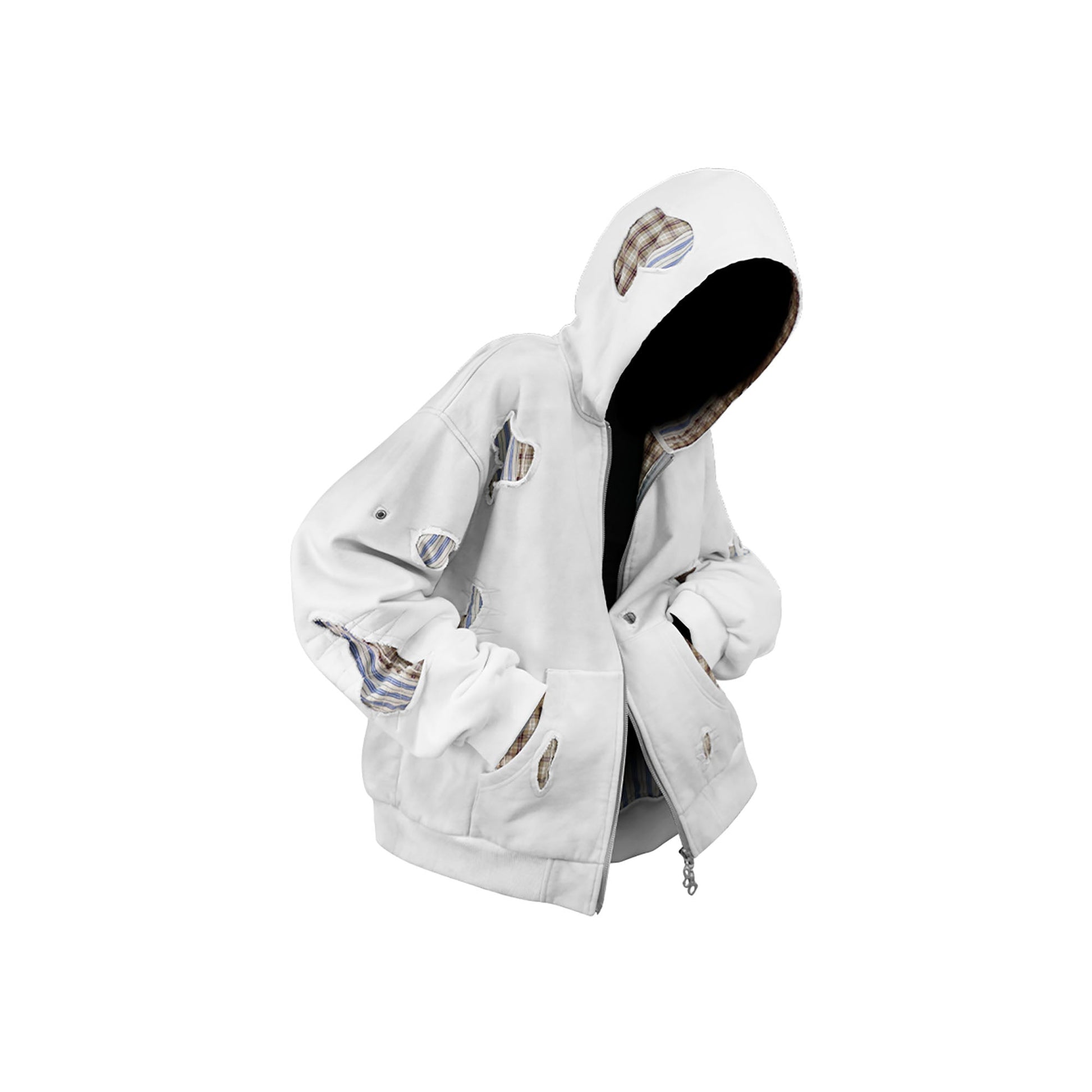 RELABEL Distressed Plaid Cut-Out Layered Hooded Jacket-Jacket-XS (Preorder)-Free Shipping Leatheretro