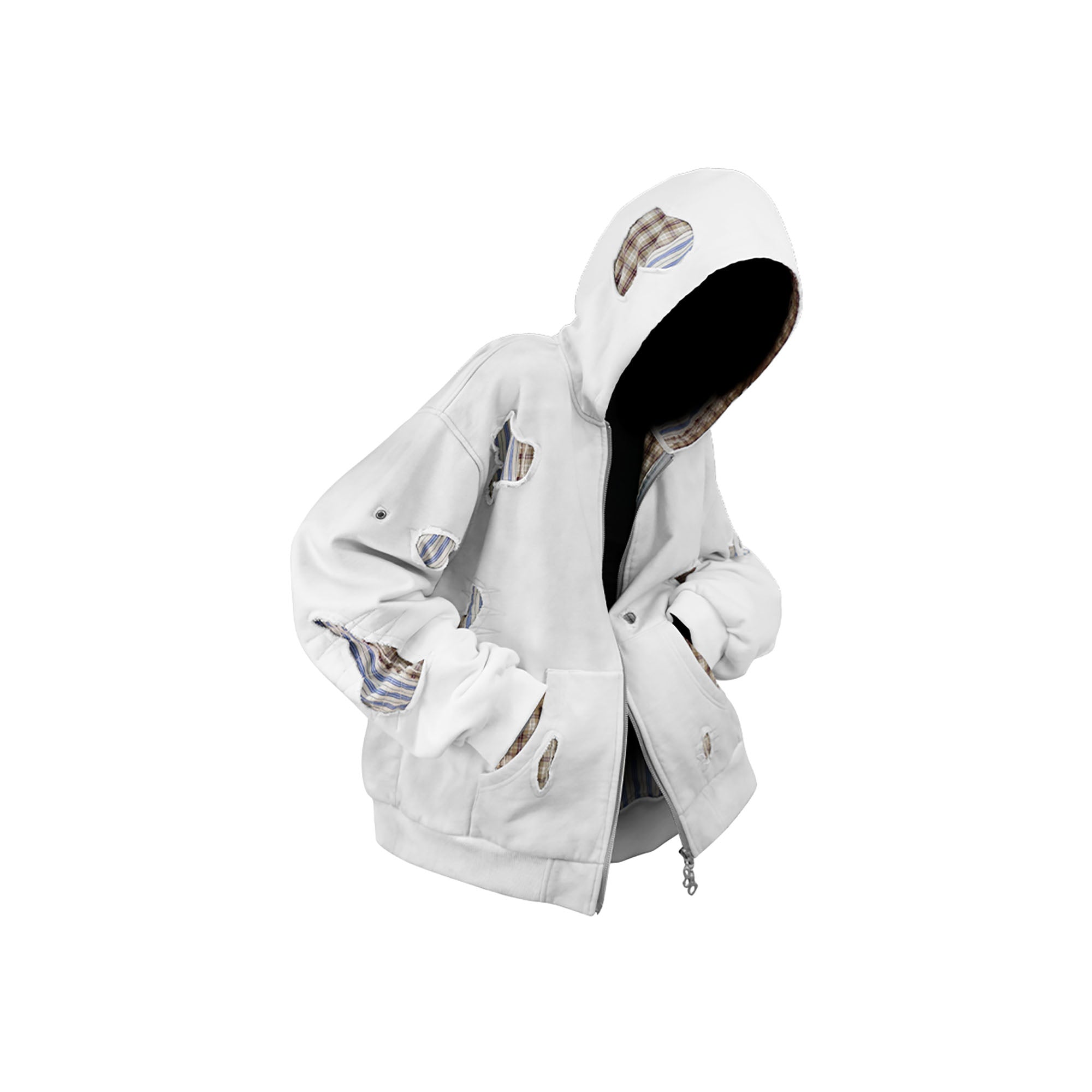RELABEL Distressed Plaid Cut-Out Layered Hooded Jacket-Jacket-XS (Preorder)-Free Shipping Leatheretro