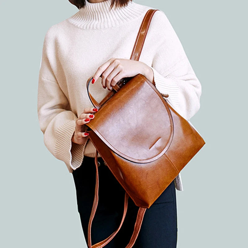 Oil Wax Cowhide Leather Backpack - Rucksack Knapsack CrossBody Bags-Crossbody Bag-Brown-Free Shipping Leatheretro