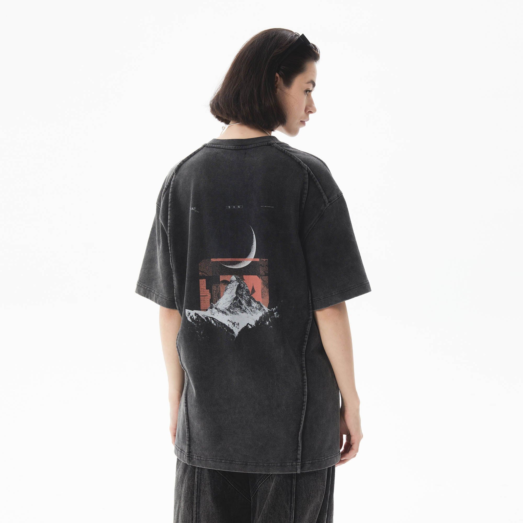 ERROR CODE ROBOT Mountain Moon Graphic Washed Spliced T-Shirt-T Shirt-S-Free Shipping Leatheretro