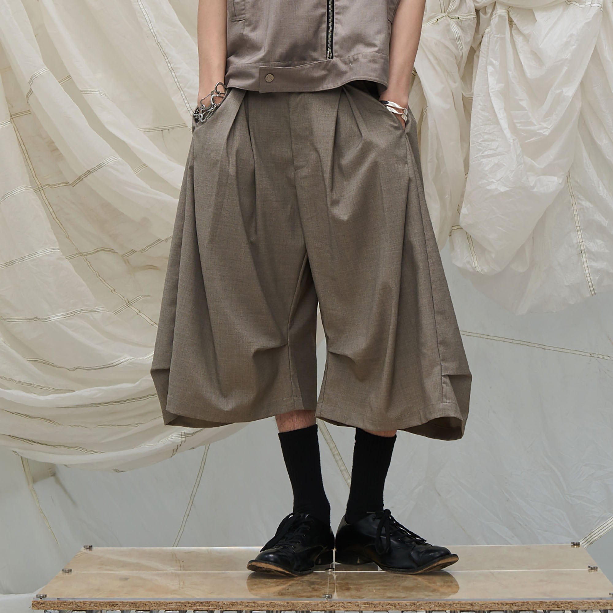 RELABEL Pleated Drape Wide-Leg Shorts-Shorts-XS-Khaki-Free Shipping Leatheretro