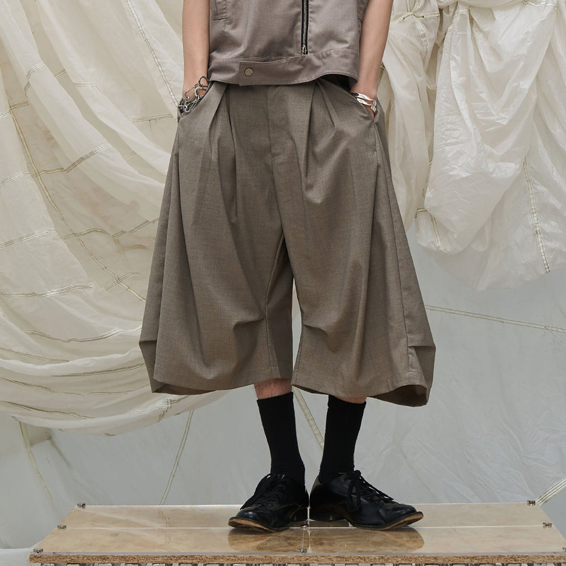 RELABEL Pleated Drape Wide-Leg Shorts-Shorts-XS-Khaki-Free Shipping Leatheretro