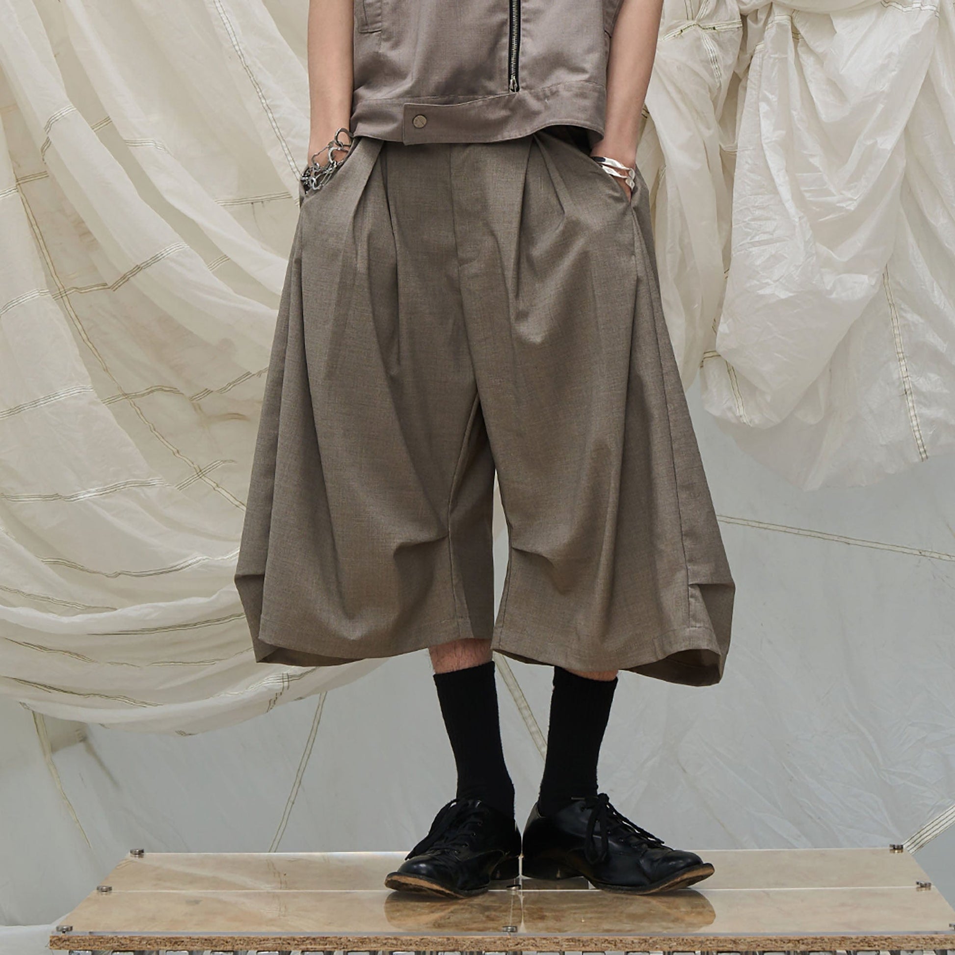 RELABEL Pleated Drape Wide-Leg Shorts-Shorts-XS-Khaki-Free Shipping Leatheretro