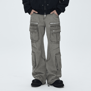 CATSSTAC Washed Multi-Pocket Utility Straight-Leg Jeans-Jeans-Gray-M-Free Shipping Leatheretro